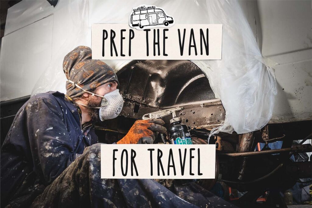 spraying Gravitex to protect van's underside