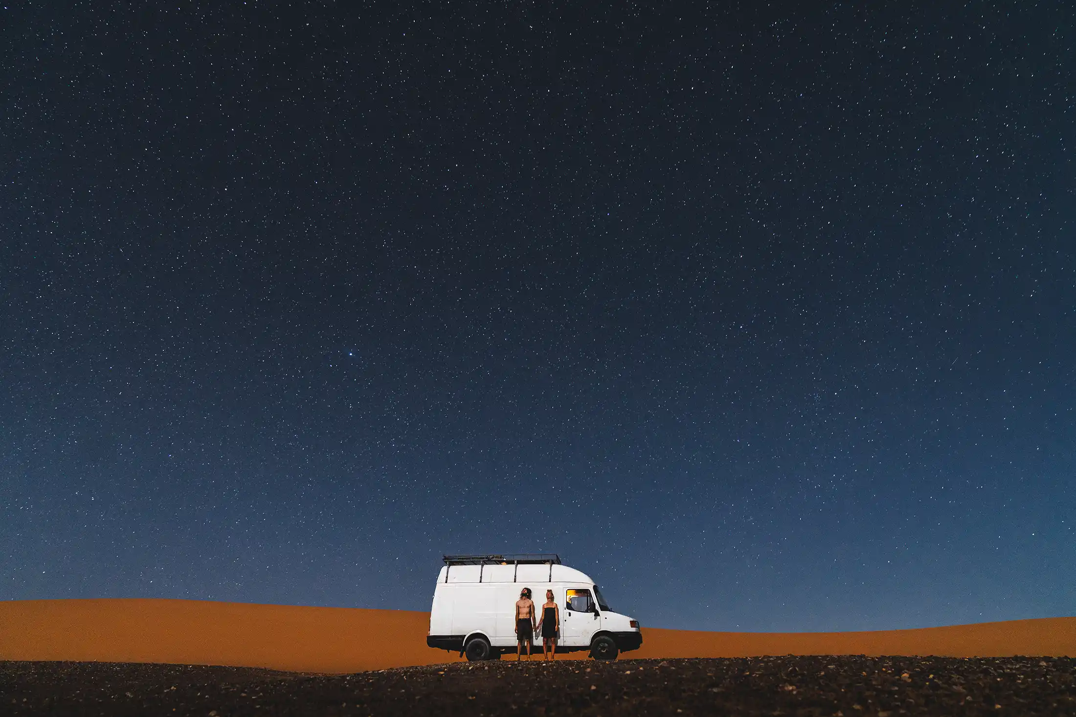 man and woman stood outside campervan in desert looking up at night sky in wonder