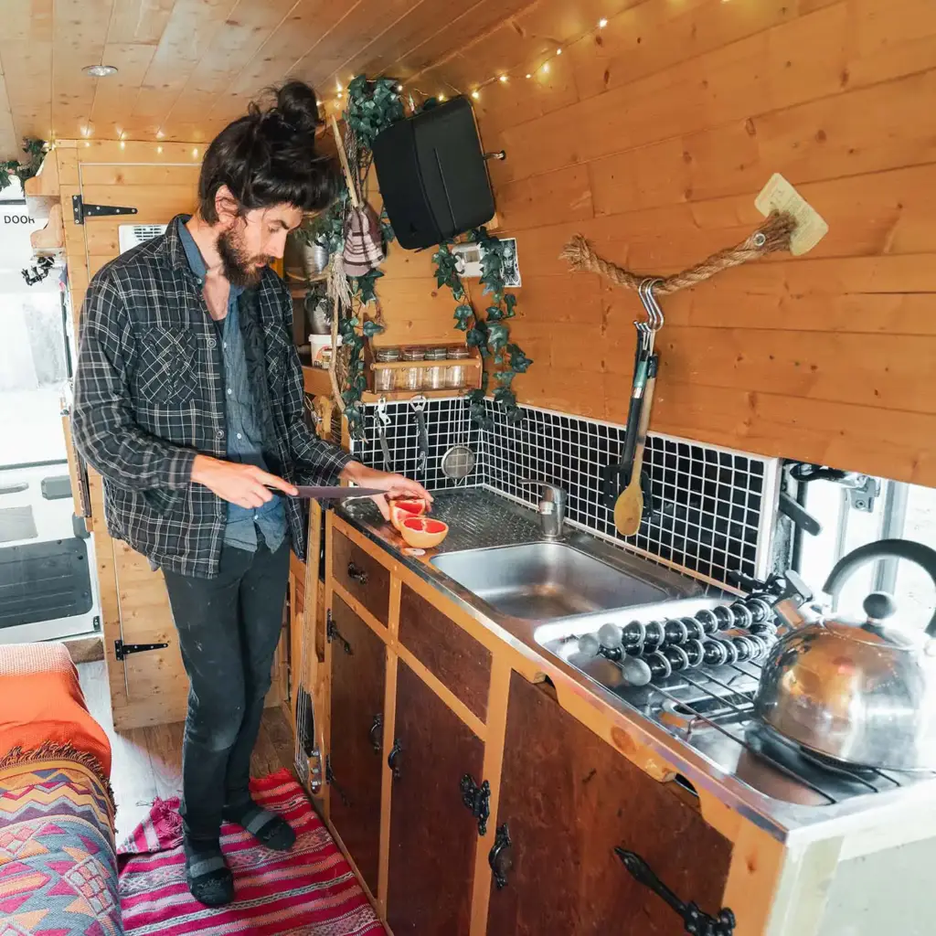 Placeholder photo of the van's kitchen mid-build.